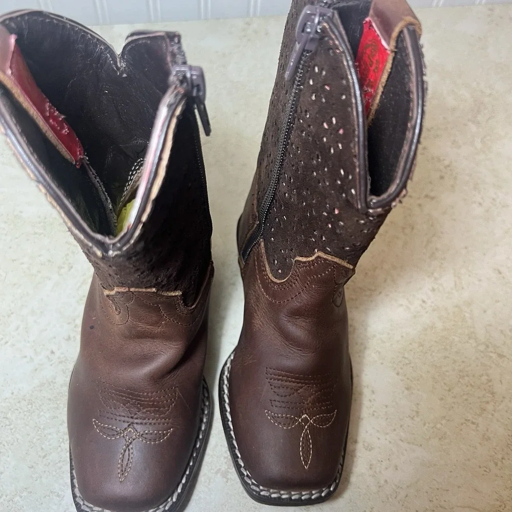 Pecos Bill Jr Toddler Girls Leather Cowboy Boots Size 8 Brown Flower Cutout Zip